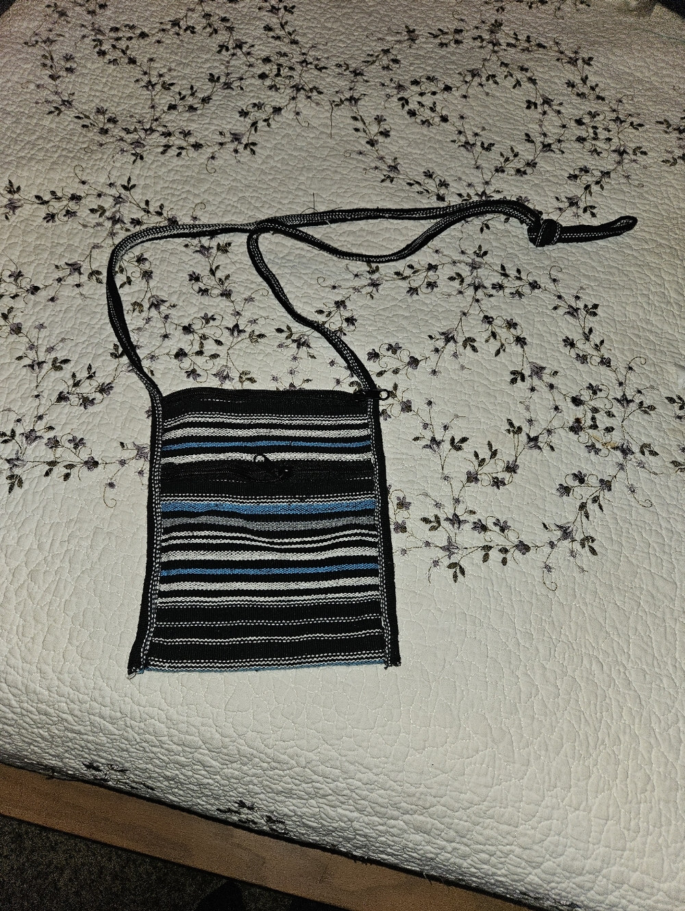Striped Woven Crossbody Pouch - Black, White & Blue